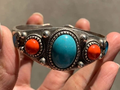 Pulsera brazalete clásico coral turquesa incrustación plata dinastía china antigua Foto 1 de 4