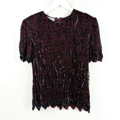 Top Stenay Vintage Cuentas Lentejuelas Seda Talla S Negro Borgoña Noche Formal Foto 1 de 4