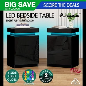 ALFORDSON 2x Bedside Table RGB LED Nightstand 3 Drawers 4 Side High Gloss Black - Picture 1 of 11
