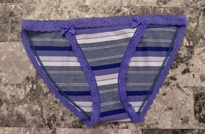NWT VICTORIA'S SECRET S PERIWINKLE PURPLE BLUE STRIPE LACE STRING BIKINI PANTIES - Image 1 of 3