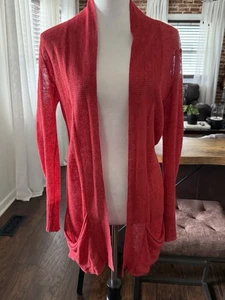 Cardigan donna Eileen Fisher 100% lino manica lunga tasca rosso Lagenlook aperto XS - Foto 1 di 5