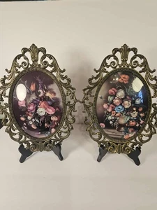 Pair Of Vintage Italian Oval Brass Metal Frames Convex Glass With Floral  - Picture 1 of 12