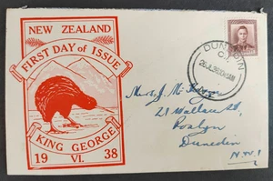 NEW ZEALAND 1938 1.5d RED KIWI FDC (JF) D38.3B - Picture 1 of 1
