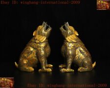 Old Chinese Bronze Ware 24k gold Gilt animal beast Fu Foo Dog Lion beast statue