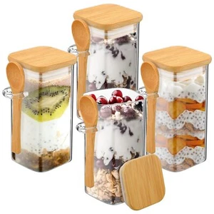 4 Pack Overnight Oats Containers with Lids 10oz Jars Oatmeal Cups Square Glass - Picture 1 of 6