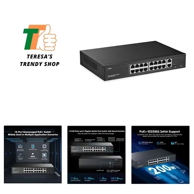 16 Port PoE Switch with 2 Gigabit Uplink, 10/100Mbps PoE+ Ports, 100/1000Mbps... - Image 1 of 4