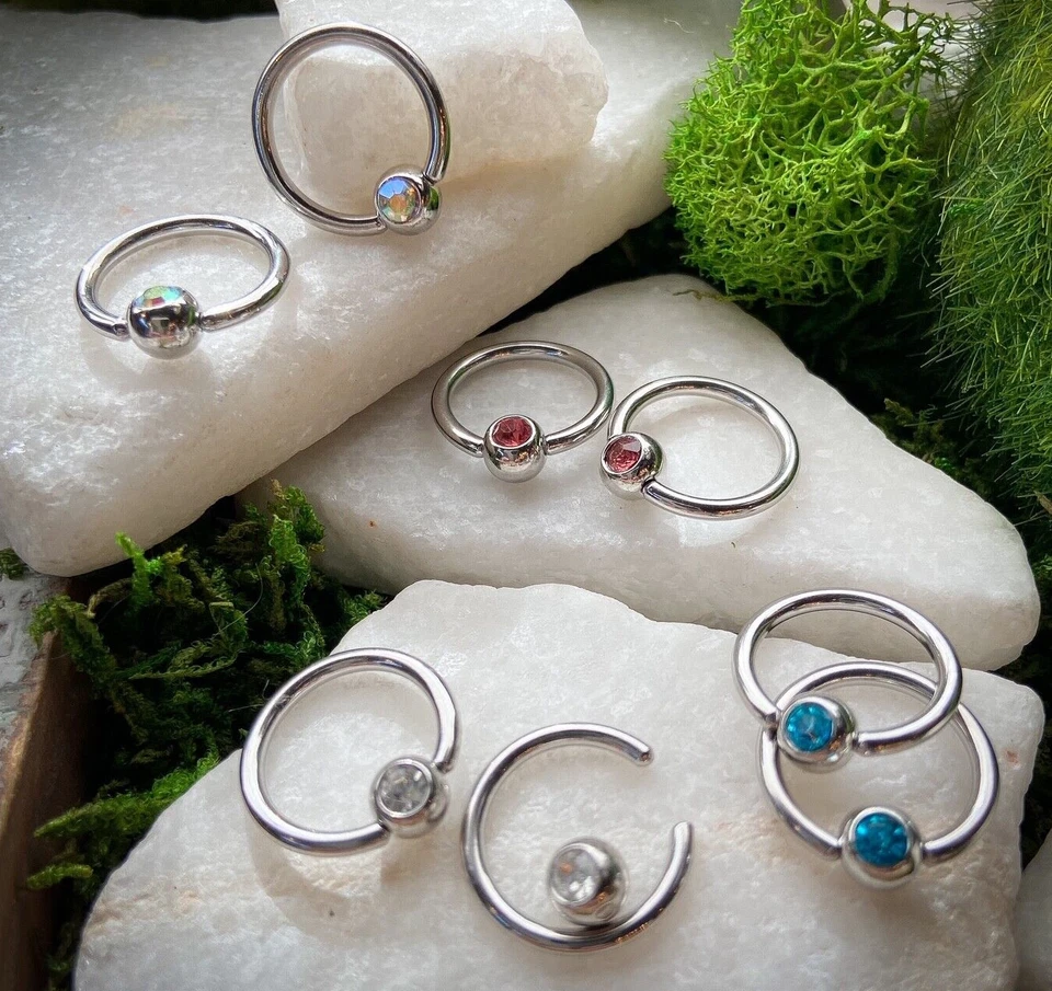4 PAIR Value Pack 316L Surgical Steel Gem Captive Bead Rings 14g or 16g - Image 1 of 4