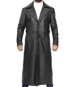 Men's Stylish Designer Real Lambskin Black Leather Long Full Length Trench Coat - Picture 1 of 8