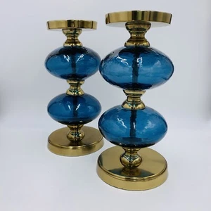 2 10.5” Pilliar Brass Candle Holders Blue Art Glass Globe Mantle Centerpiece - Picture 1 of 10