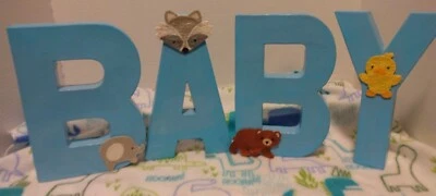 Centro de mesa decorativo de ducha con letras de pared para guardería azul con animales para bebés o bebé niño  Foto 1 de 4