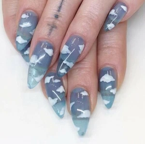 24PCS NEW Cloud Baby Blue Sheer Press On Nails Fake Nails WITH GLUE - Picture 1 of 2
