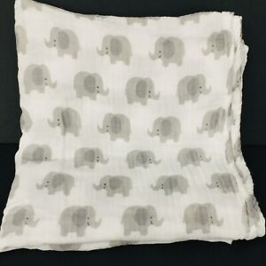 Babebay White Swaddle Baby Blanket Gray Elephants Unisex Bamboo Cotton