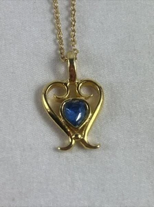 Heart Shaped Pendant Blue Rhinestone Open Design 17” Gold Tone Chain - Picture 1 of 4
