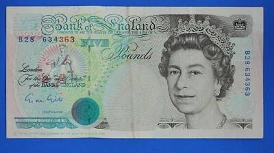 1990 Banco Británico de Inglaterra, cinco libras, billete de £5 GM Gill "B28" [32072] Foto 1 de 2