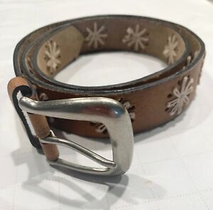 XL ( 44” x 2” ) Leather Brown Belt With White Flowers EUC