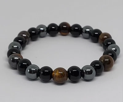 Naturstein Armband Perlen Tigerauge & Hämatit & Obsidian 8mm Schmucksteinperlen  - Bild 1 von 4