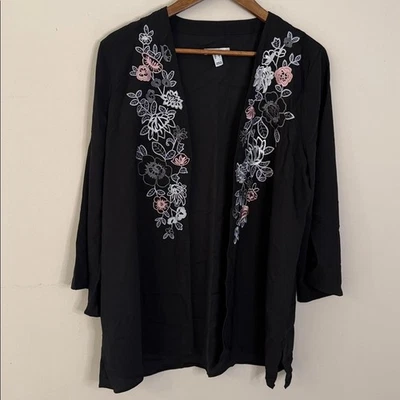 Isaac Mizrahi Live 黑色花卉刺绣开衫轻便宽袖 Med — 第 1/4 张图片