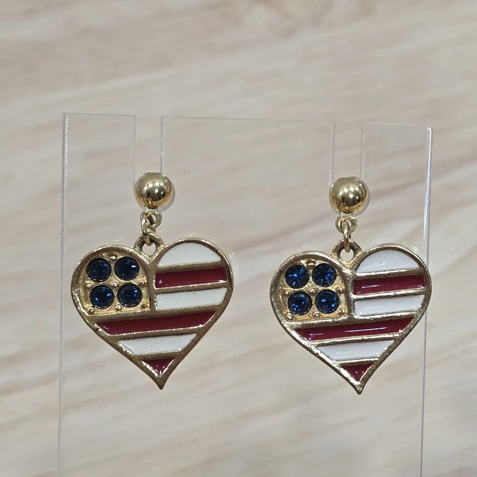 Pendientes perforados vintage tono dorado rojo blanco esmalte corazón bandera EE. UU. patrióticos de EE. UU. Foto 1 de 4