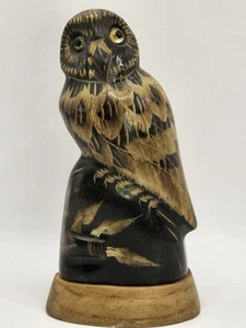Hand Carved Buffalo Horn Owl On Teak Base 5.5" Tall Vintage - Picture 1 of 8