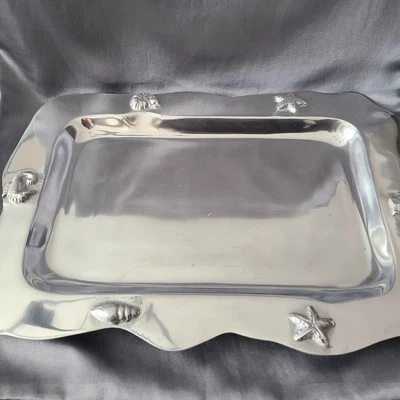 Ihi Serving Tray Plate Pewter Metal 17.5x12.5" Silver Tone Hand India Shiny READ - Image 1 of 4