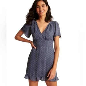 Abercrombie & Fitch Polka Dot Mini Dress Blue Ruffle Hem Size Large Preppy - Picture 1 of 12