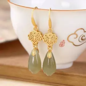Women's Natural Hetian Jade Fresh Orchid Earrings Chinese Style Retro Unique - Foto 1 di 4