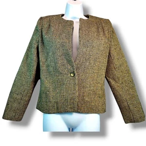 VTG 80s Carole Little Houndstooth Wool Jacket Blazer Sz S Black Beige Collarless - Picture 1 of 12
