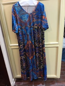 Damas Maxi Vestido Largo Azul Geométrico Boho Abertura Lateral Tumbona Cuello en V 3XL USADO EN EXCELENTE ESTADO - Imagen 1 de 5