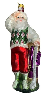 Golfer Santa with Golf Bag Glass Glitter Plaid Christmas Ornament from BRN - Picture 1 of 7