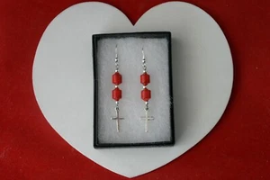 Pretty Earrings With Red Agate Gemstone & Cross 4 Gr. 5 Cm. Long + Hooks In Box - Picture 1 of 7