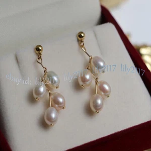Fashion 7-8mm Real Natural White Akoya Pearl Dangle Gold Stud Earring Jewelry AA - Picture 1 of 6