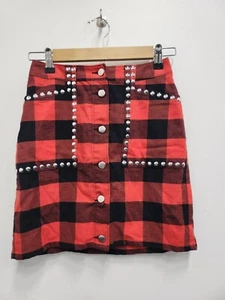 Bar III Womens Seeing Red Buffalo Check Mini Skirt 2 Studded Button Front NEW - Picture 1 of 7