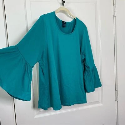 Plus 1X  Bell Ruffle Sleeves Cropped Waist Blouse Super Soft Green Top Preowned  - Image 1 of 4