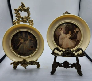 Vintage 1950s ballerina prints round cream bakerlite frame domed glass x 2 - Picture 1 of 7