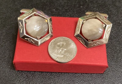 Vintage Hexagonal Milky Quartz Sterling Silver Whale Back Cufflinks - Image 1 of 3