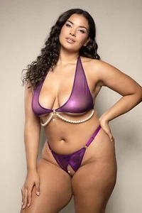 Fantasy Lingerie Opulence Iridescent Pearl Bra & Crotchless Panty Purple Queen - Picture 1 of 3