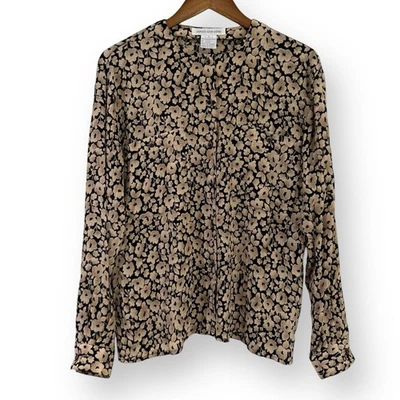 Vintage Jones New York Womens Size 6 Silk Blouse Black Gold Floral Long Sleeve - Image 1 of 4