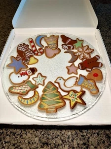 Peggy Karr Glass Serving Plate Platter Christmas Holiday Cookies 15.5” Tree Bell - Picture 1 of 14