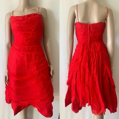 Vestido de Gasa Vintage Años 70 Emma Domb Rojo Tomate Brillante Sofisticado Reunido Foto 1 de 4