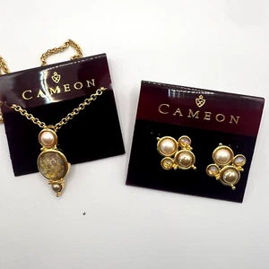 Vintage Cameon Necklace & Earring Set NOS Gold Tone Faux Pearl Glass Cabochon - Picture 1 of 7