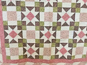 LOVELY Handmade(?) Pink, white, green & brown floral print quilt 49x65" - Picture 1 of 4