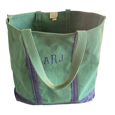 LL Bean Boat & Tote Canvas Bag Green And Navy Blue X Large USA "ARJ" Embroidered - Image 1 of 4