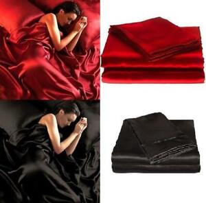 Luxury Satin Silk Soft QUEEN Bed Fitted Bed Sheet Set - RED/BLACK