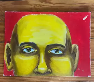 Ritratto Volto Giallo Rosso Occhi Nocciola Arte Contemporanea Outsider Quadro Tela - Foto 1 di 3