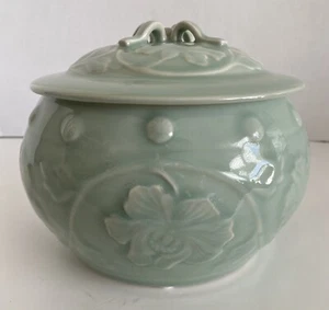 Chinese Celadon Covered Hibiscus Jar 6” H x 7 1/2” W - Picture 1 of 10