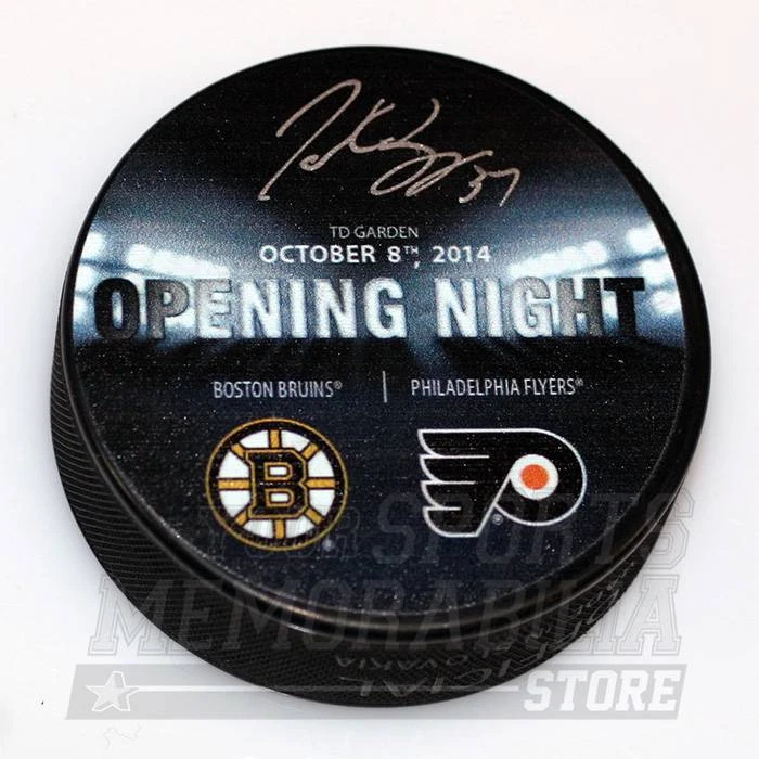 Disco de hockey Patrice Bergeron Boston Bruins firmado autografiado 2014 noche de apertura Foto 1 de 1