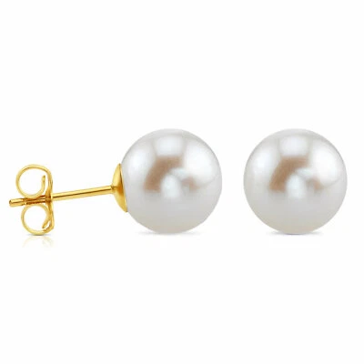 14K Real Solid Yellow Gold 7mm Freshwater Pearl Sleeper Studs Earrings Push-back - Image 1 of 4