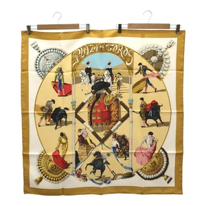 Hermes Carre90 PLAZA DE TOROS Bull Field Silk 100% Beige Scarf With Box Used - Picture 1 of 6