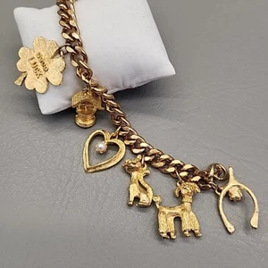 Pulsera Vintage Dije Buena Suerte Trébol Deseo Perro Gato Corazón Grueso Tono Dorado 7" - Imagen 1 de 18