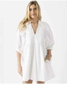 Hunter Bell Noah Dress NEW Size M Short Smock White V-neck Lined 100% Cotton - Picture 1 of 16
